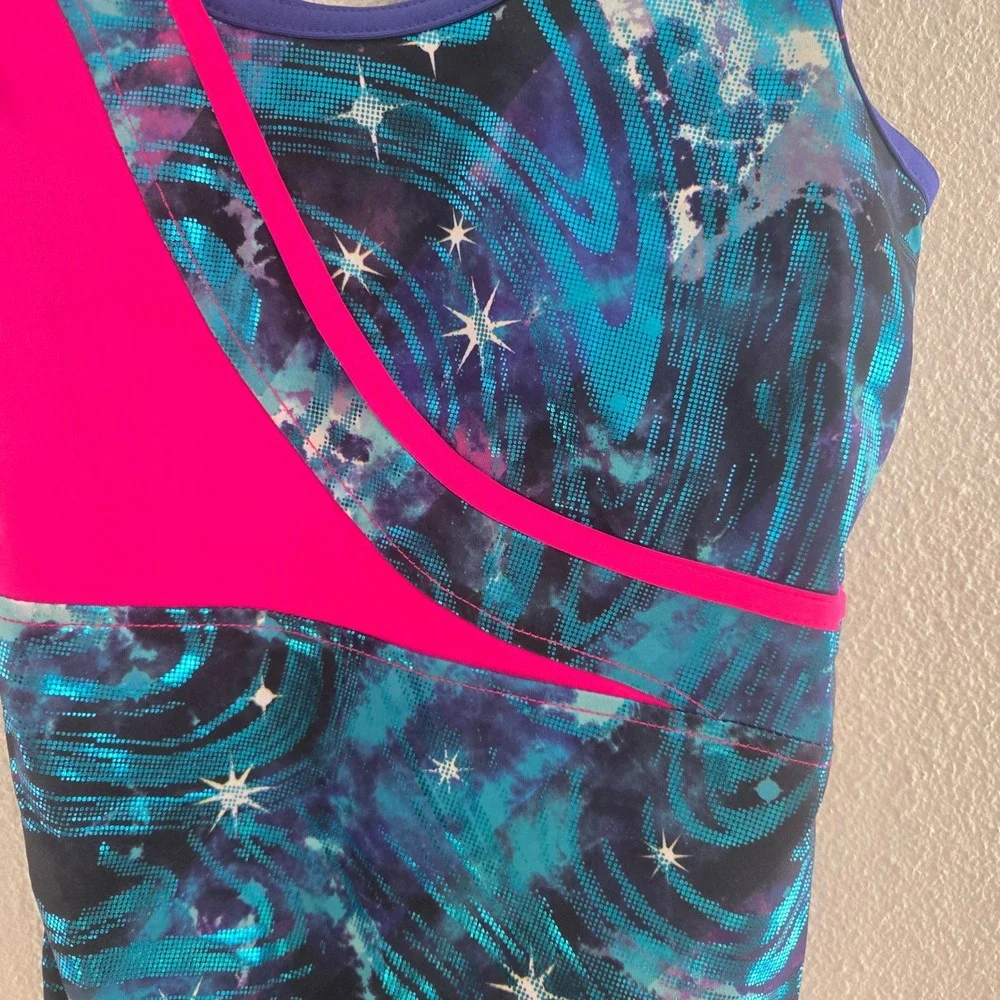 NWT Rainbeau Moves Girls‎ Galaxy Metallic Gymnastics Leotard Pink Blue Small